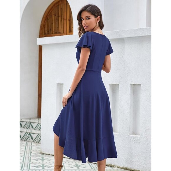 V Neck Formal Dress Ruffle Sleeves High-Low Flowy Casual Evening - Picture 3 of 6